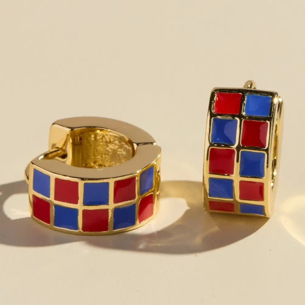 Checkered Enamel Huggie Earrings