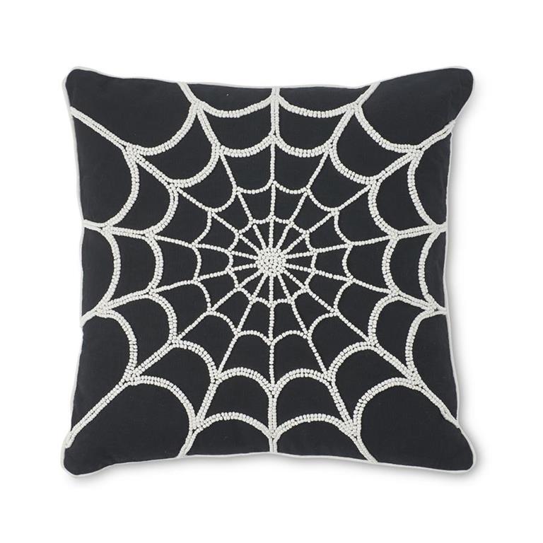 18 Inch Black Cotton Pillow w/White Beaded Spider Web