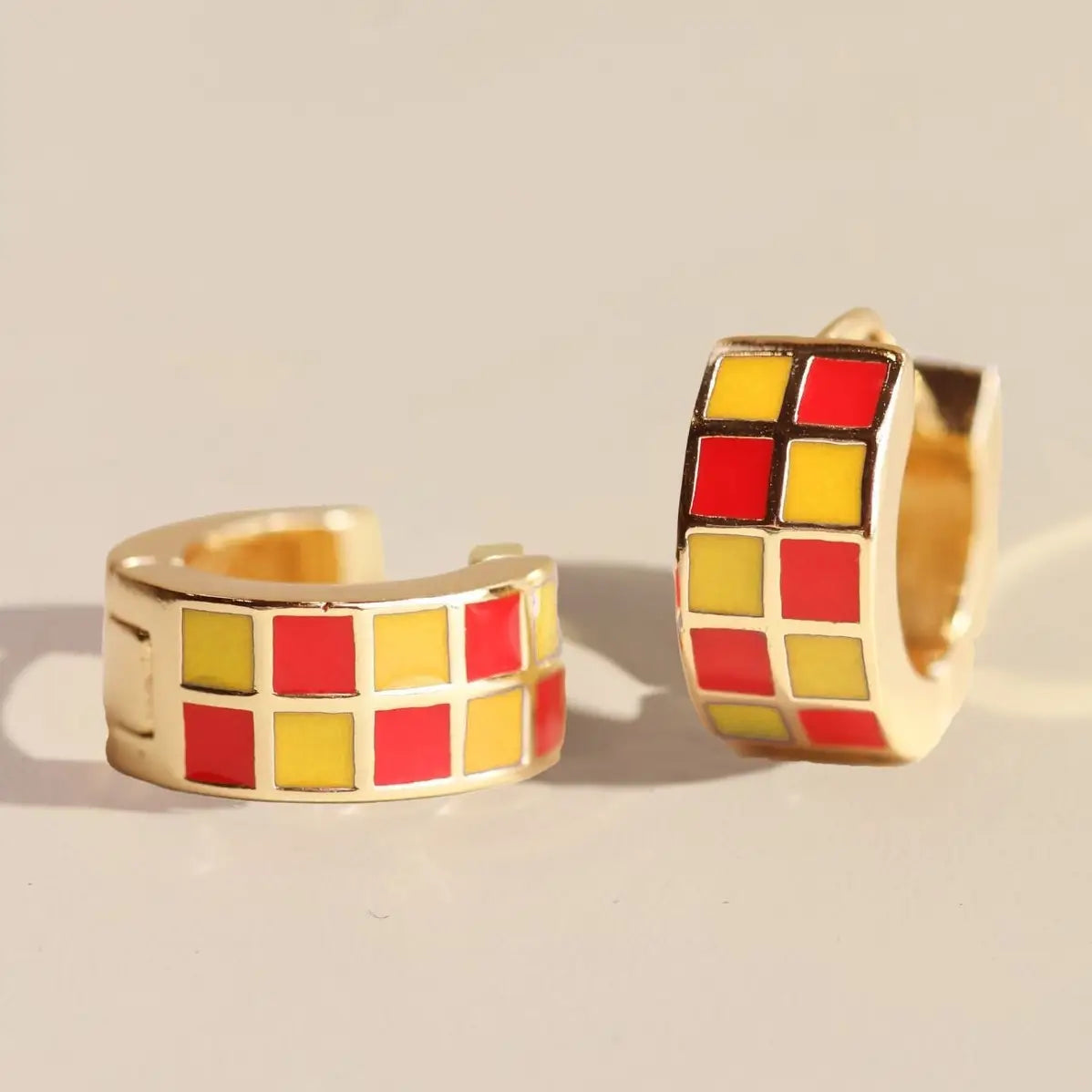Checkered Enamel Huggie Earrings