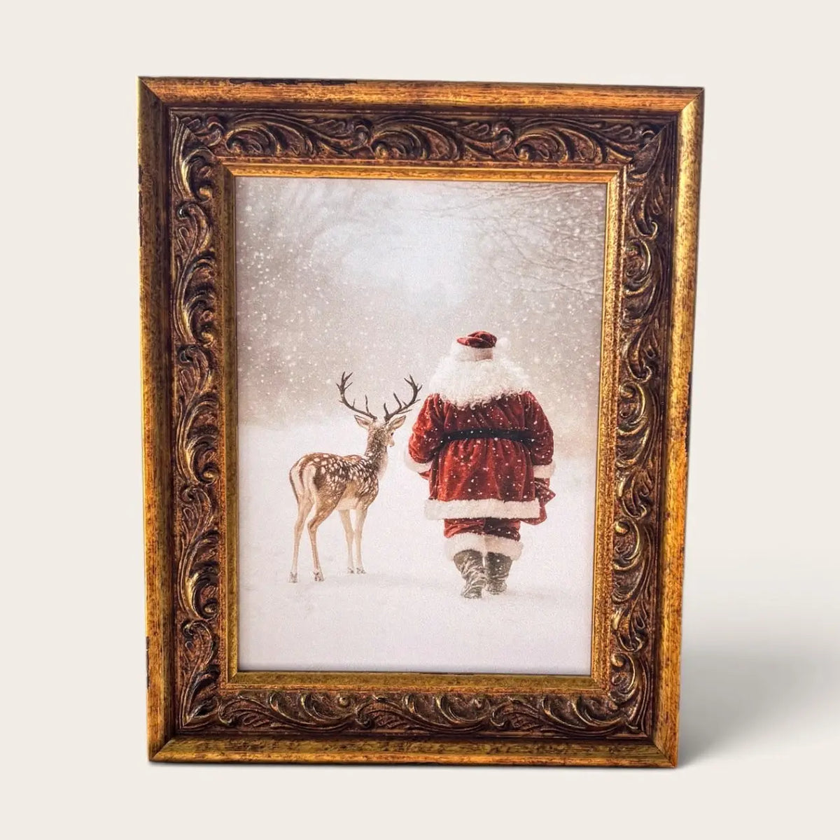 Santa & Reindeer w/ Antique Gold Frame