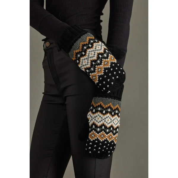 Black, White, Mustard, Blue Patterned Mittens