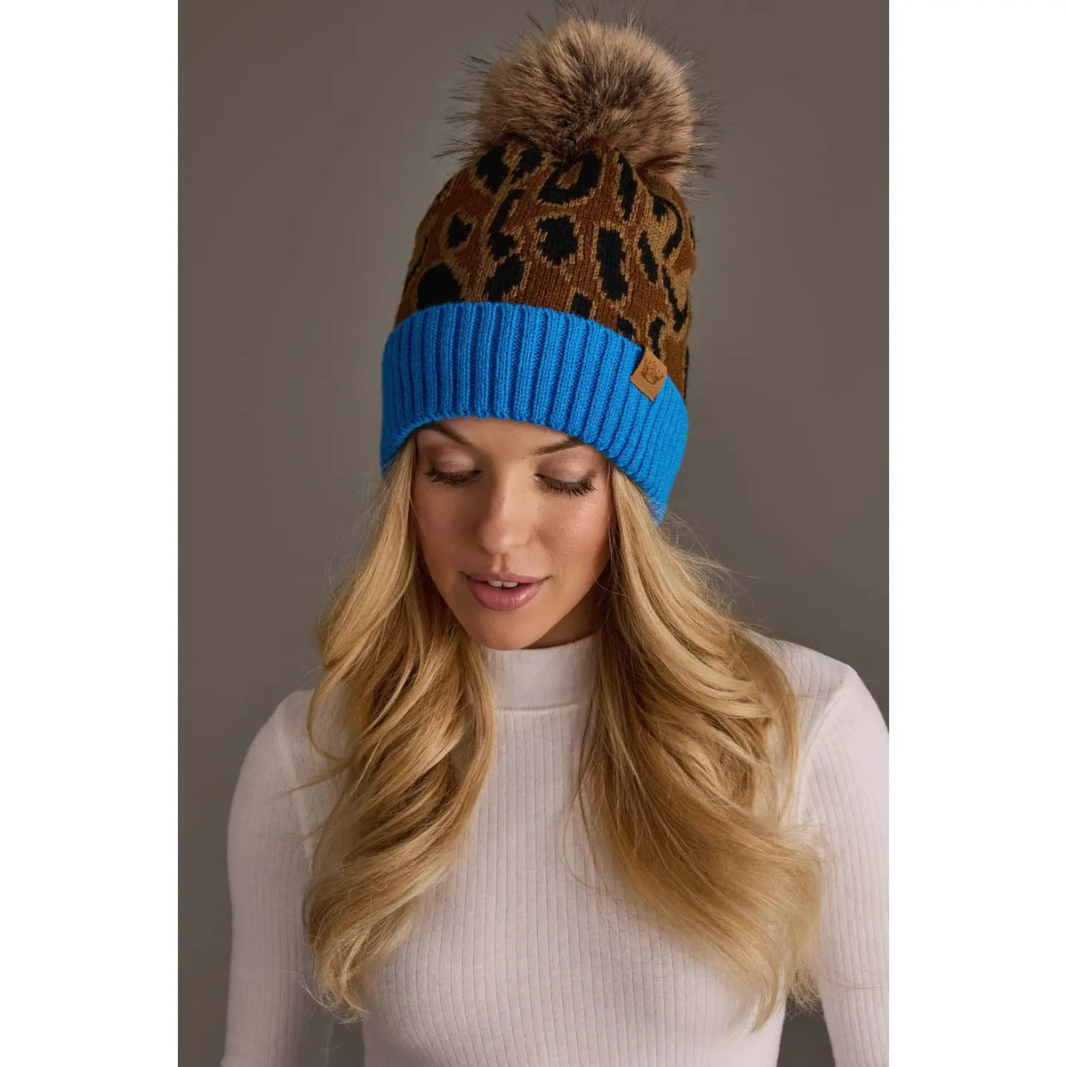Brown Leopard Pattern Pom Hat with Blue Cuff