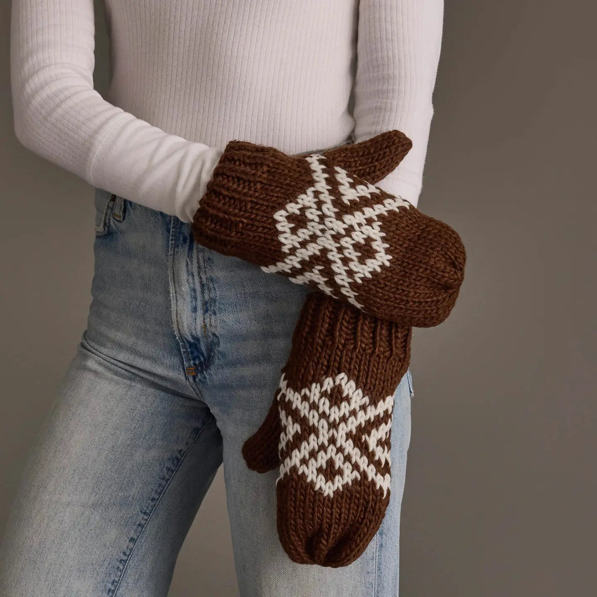 Brown & White Patterned Mittens