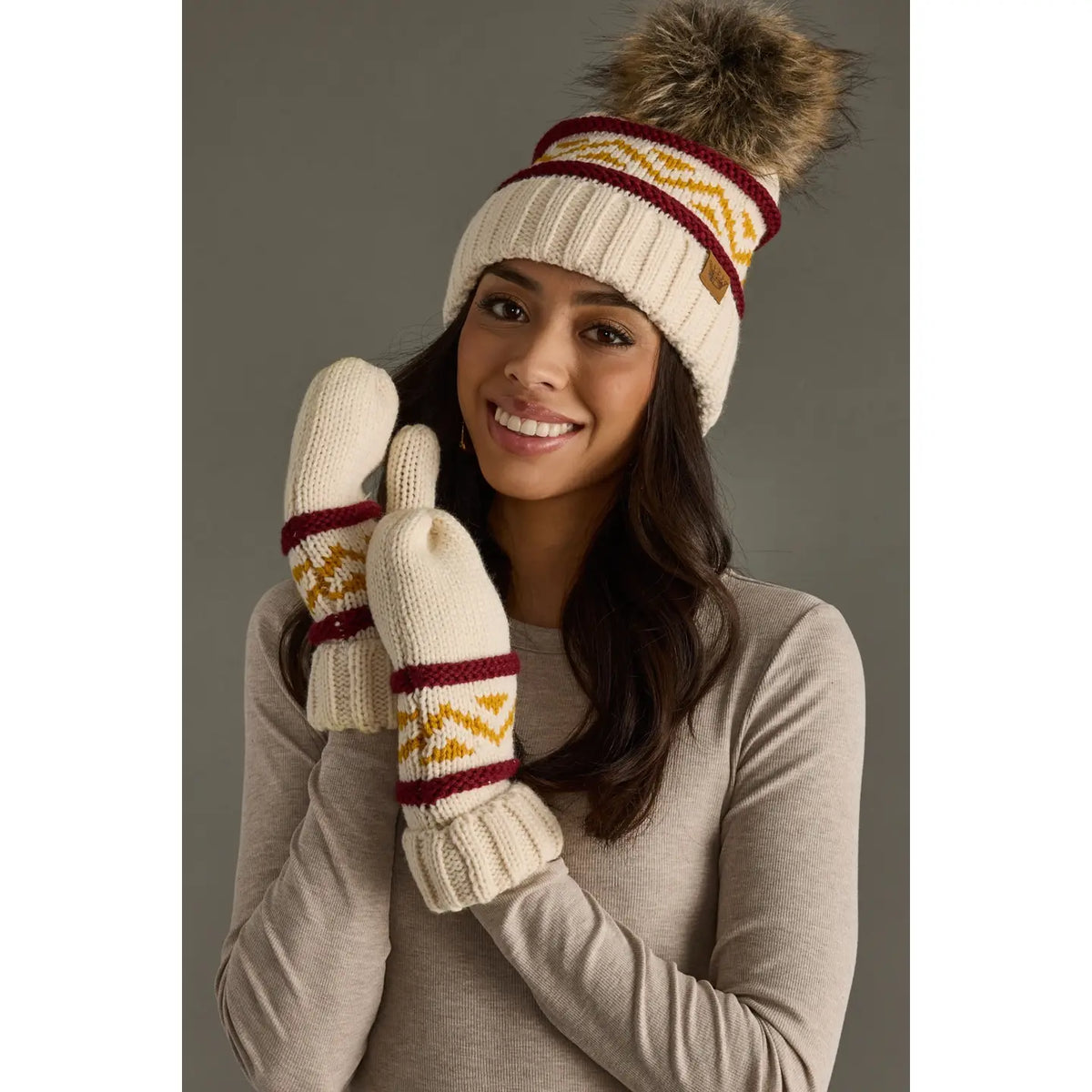 Cream, Burgundy & Gold Patterned Pom Hat