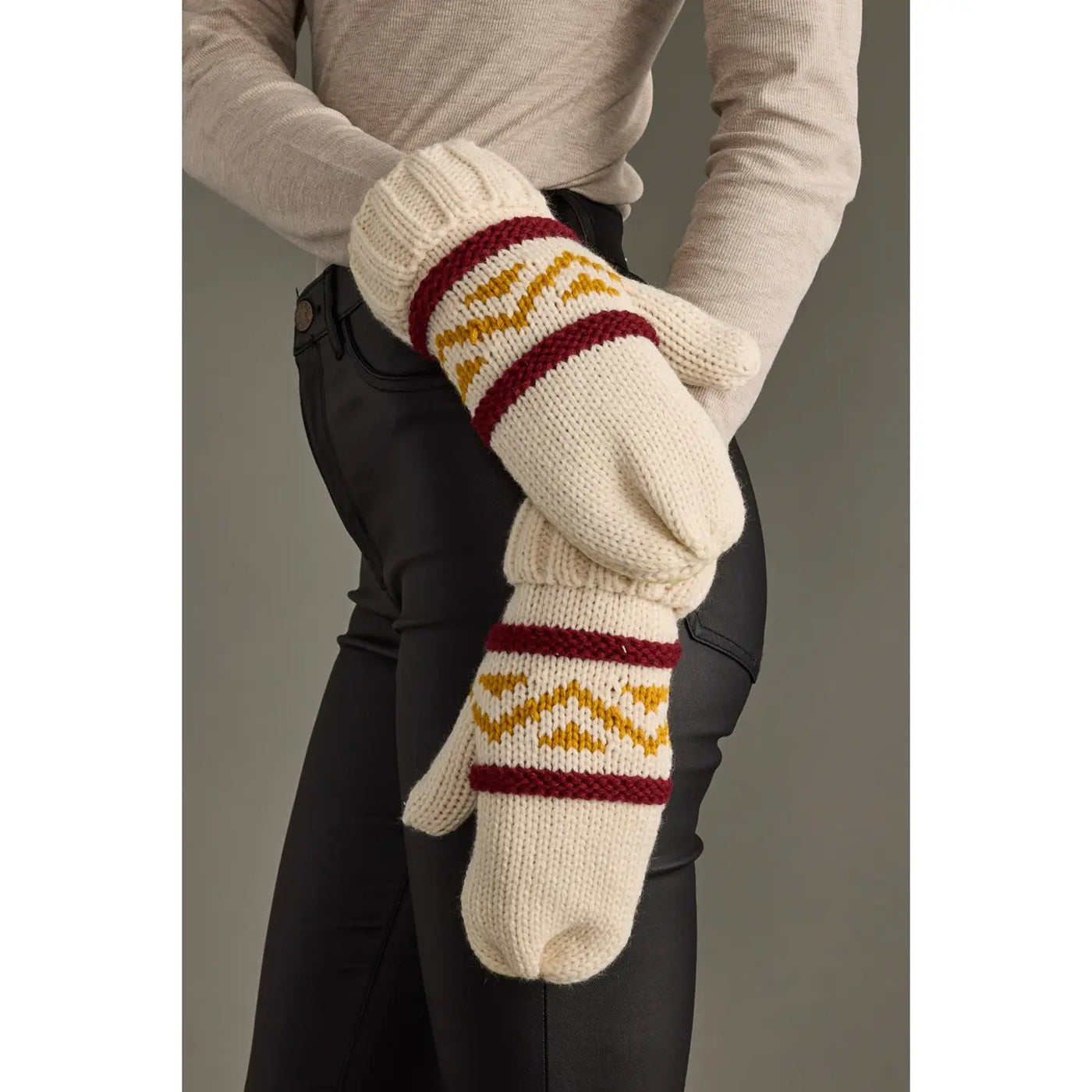 Cream, Burgundy, Gold Patterned Mittens