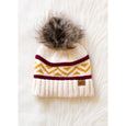 Cream, Burgundy & Gold Patterned Pom Hat