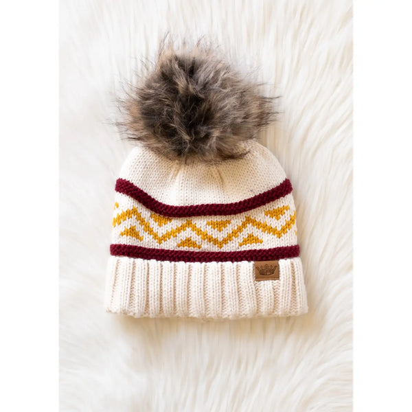 Cream, Burgundy & Gold Patterned Pom Hat