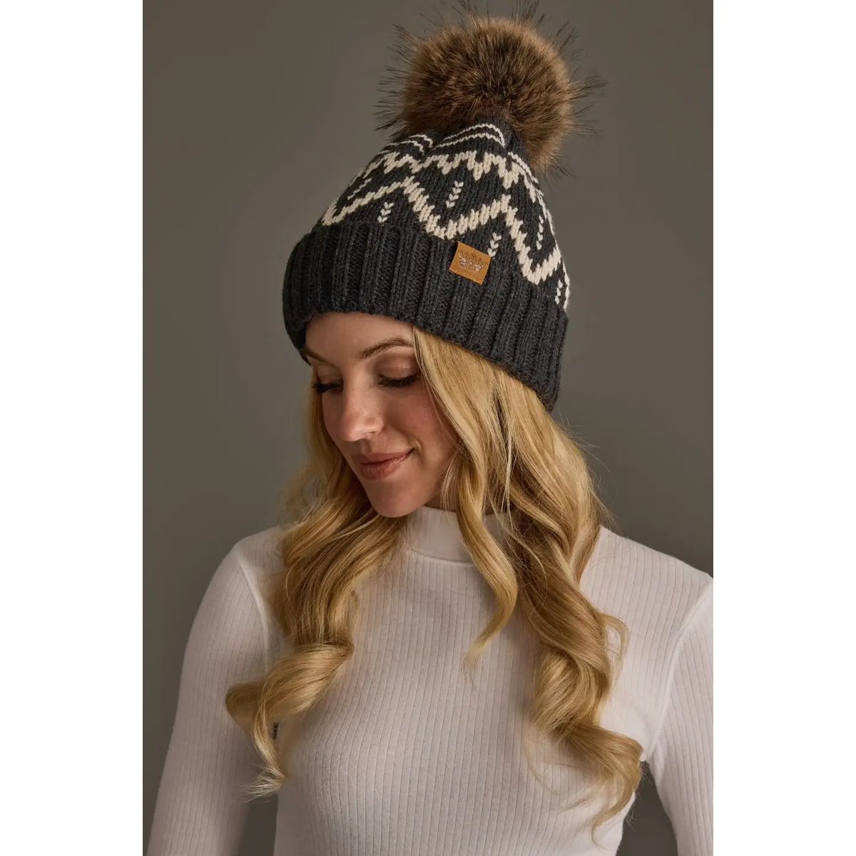 Charcoal & Beige Patterned Pom Hat