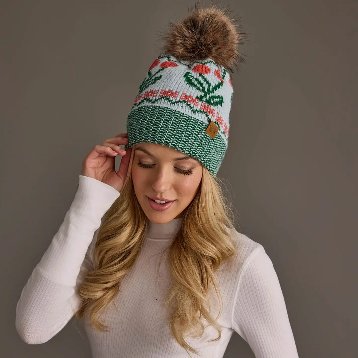 Lt. Blue Cherry Pattern Pom Hat