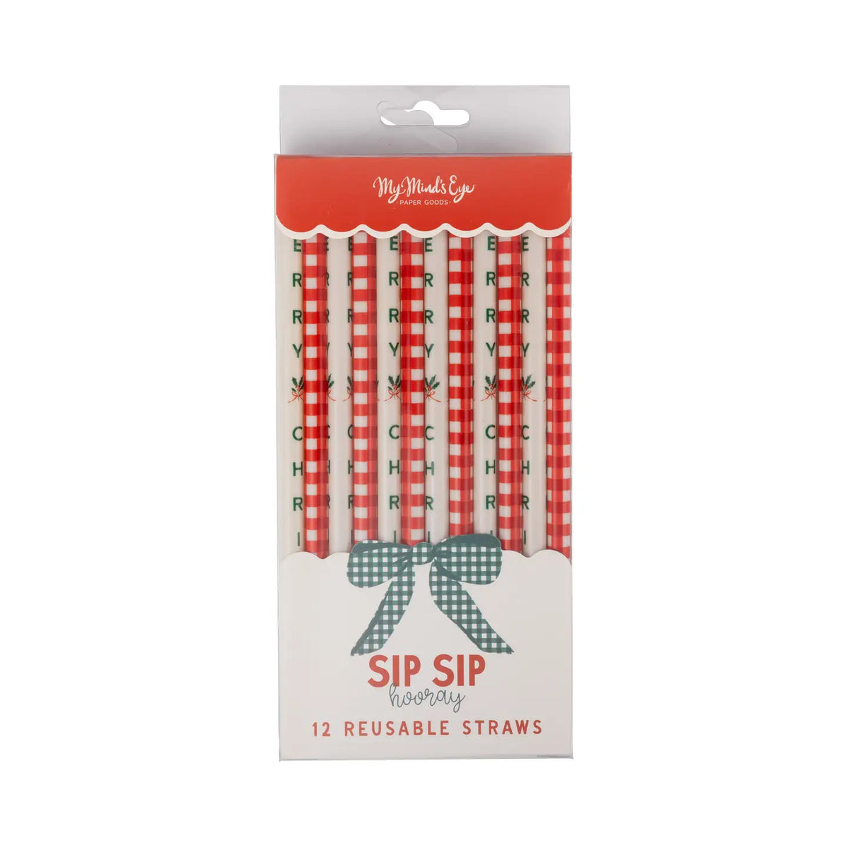 Red Gingham Merry Christmas Reusable Straws