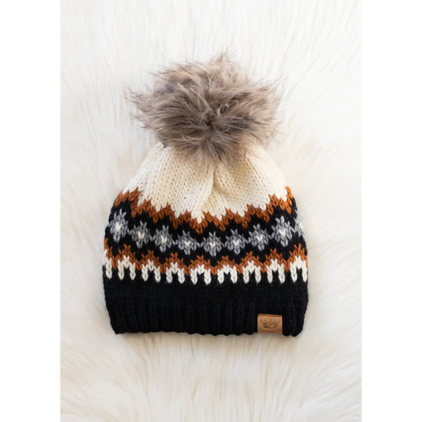 Cream, Rust, Black, Gray Patterned Pom Hat
