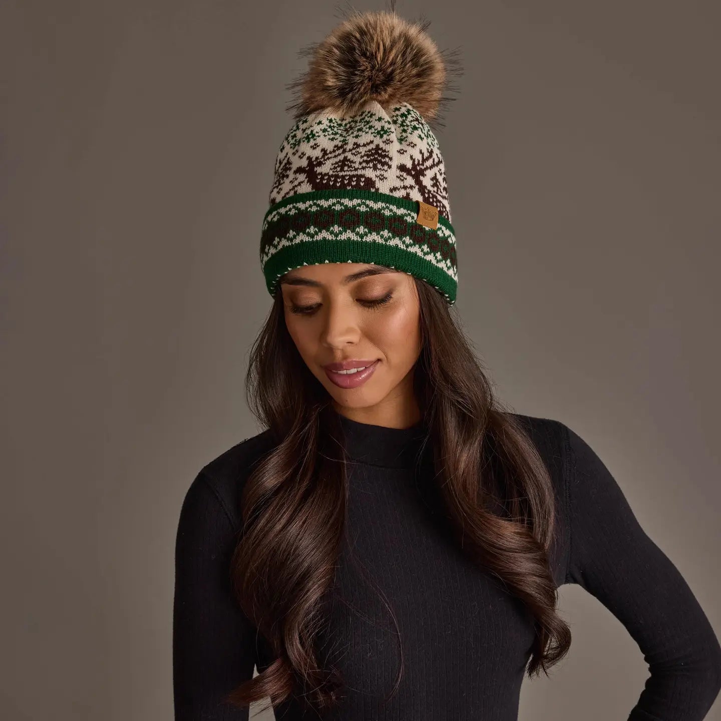 Cream Deer Winter Pattern Pom Hat