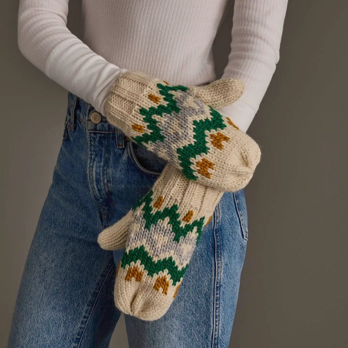 Cream, Gold, Green & Gray Patterned Mittens