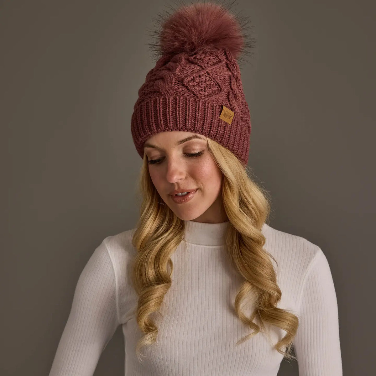 Dark Pink Cable Knit Hat w/ Pom Pom
