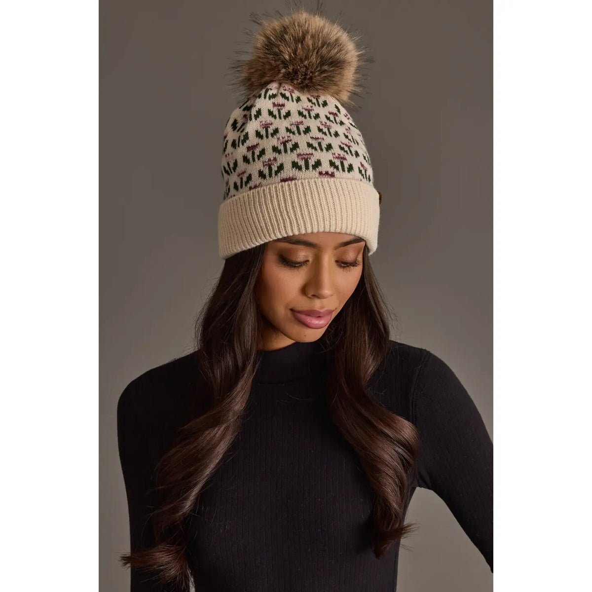Cream Small Floral Pattern Knit Pom Hat