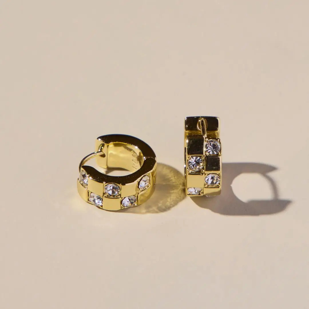 Gold Pavé Checkered Huggie Earrings