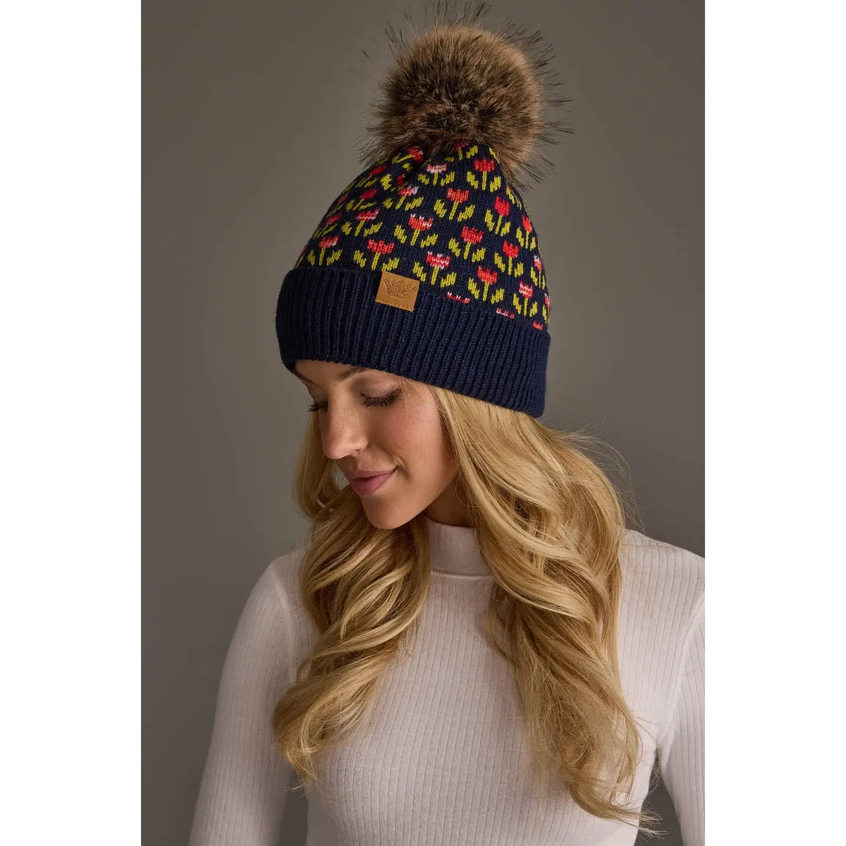 Navy Small Floral Pattern Knit Pom Hat