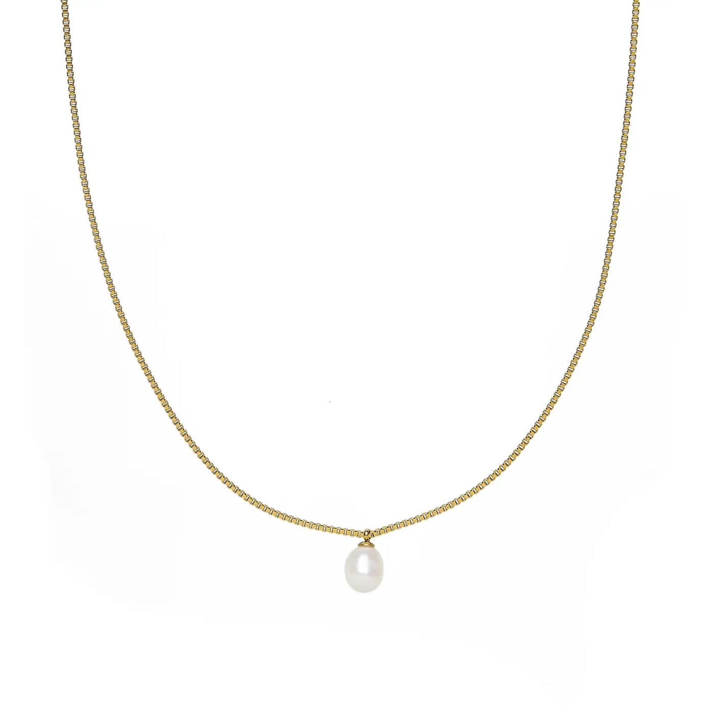 Gold Box Chain Pearl Pendant Necklace