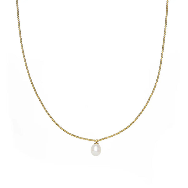 Gold Box Chain Pearl Pendant Necklace