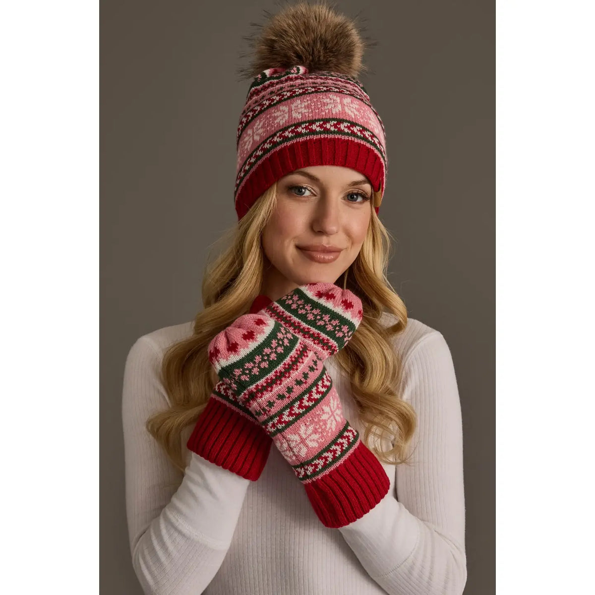 Red, Pink & Green Christmas Pattern Pom Hat