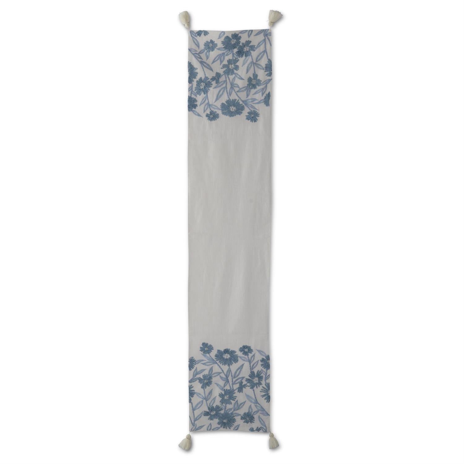 72" White Linen & Blue Embroidered Floral Table Runner