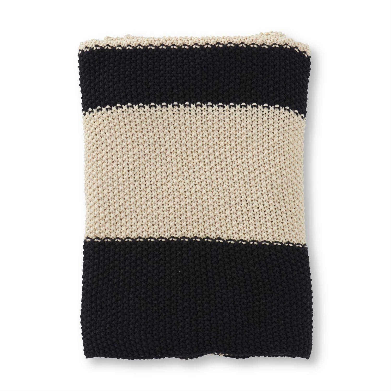 60" Cotton Knit Black & Cream Striped Throw