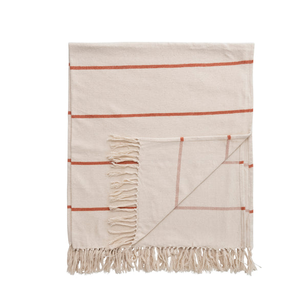Cotton Striped Throw w/ Fringe- Cream & Rust