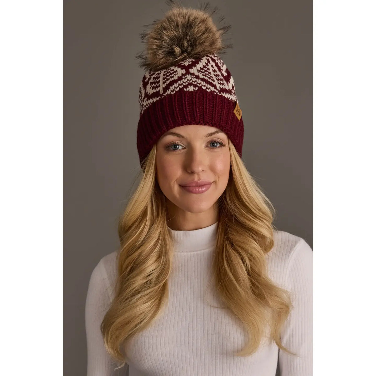 Wine & Beige Patterned Knit Pom Hat
