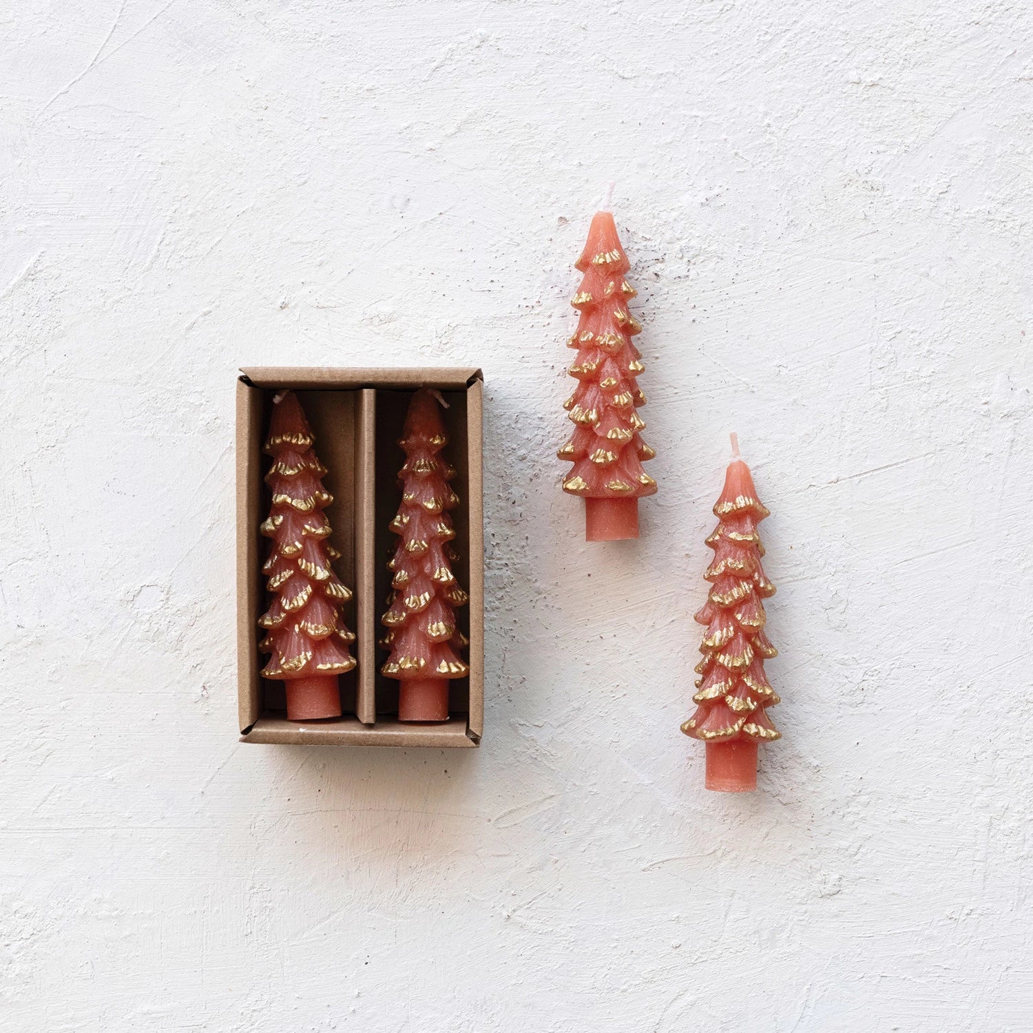 Tree Shaped Taper Candle w/ Gold Tips- Coral