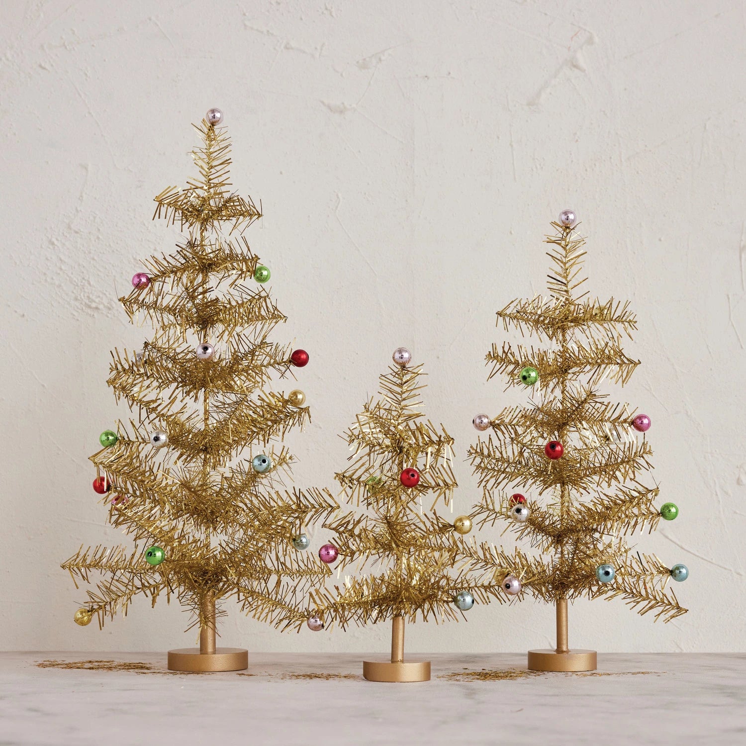 Gold Tinsel Tree w/ Multi Color Ball Ornaments