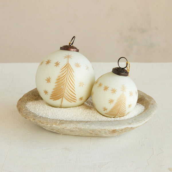 Hand-Painted Glass Ball Ornament with Etched Trees & Stars