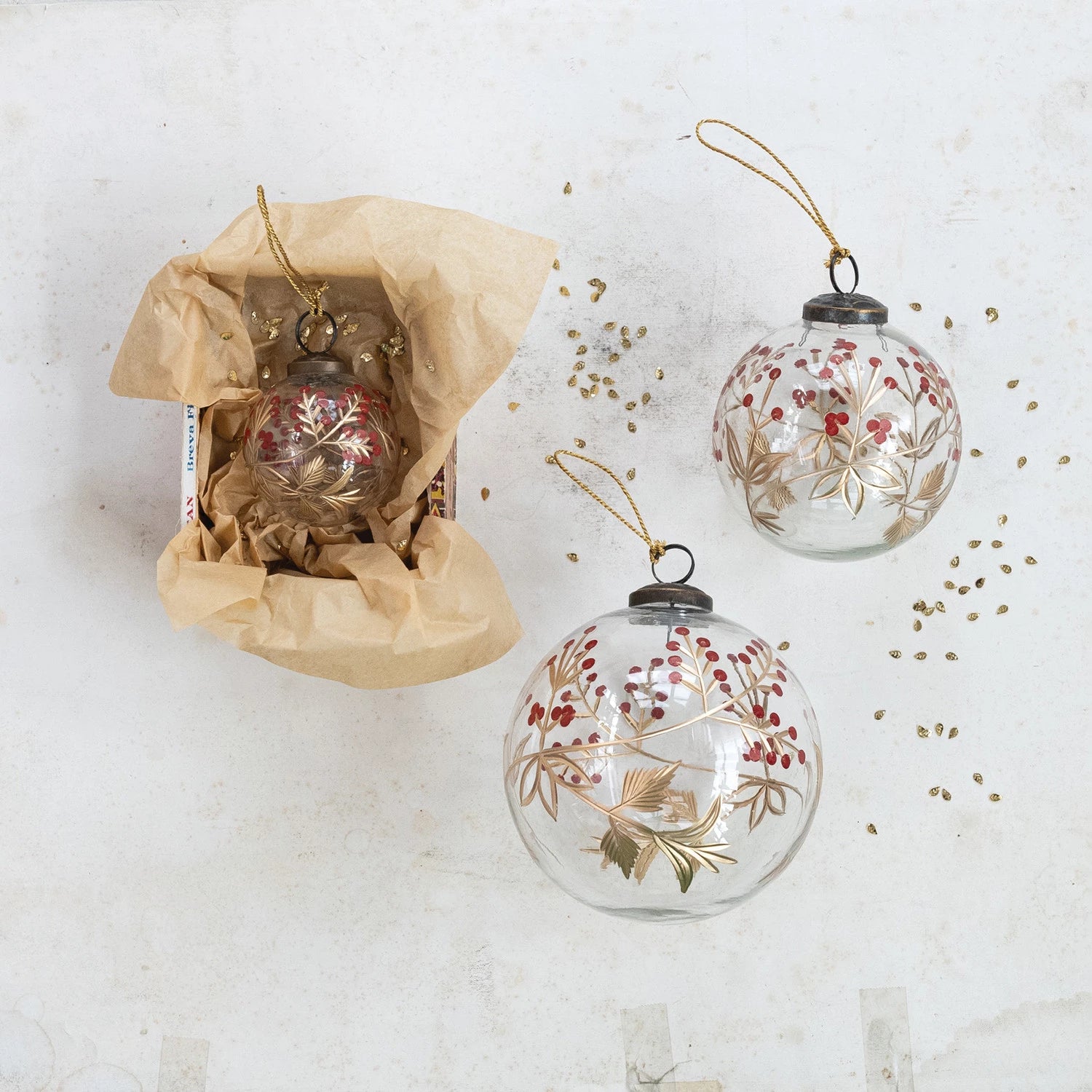 Etched Glass Ball Ornament w/Botanical Desing
