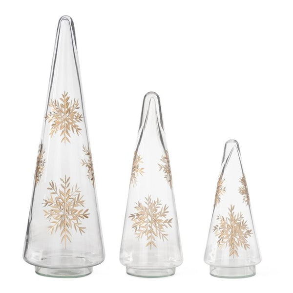 Glass Cone Trees w/Gold Etched Snowflakes