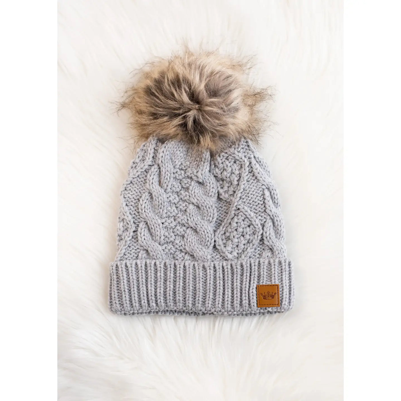 Light Gray Cable Knit Pom Hat