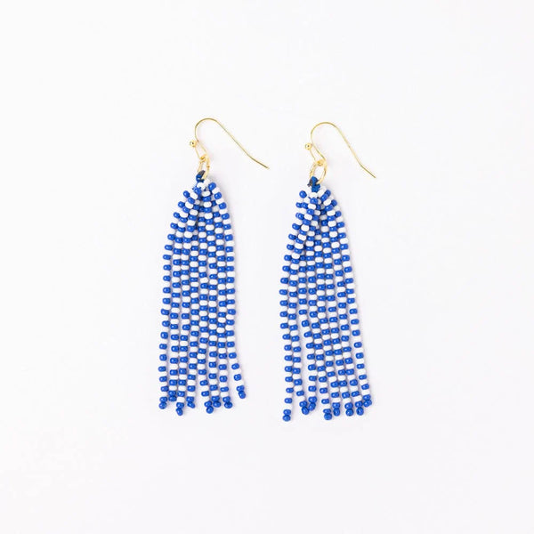Gameday Seed Bead Tassel Earrings- Blue+ White