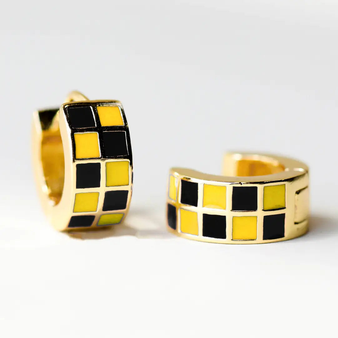 Checkered Enamel Huggie Earrings
