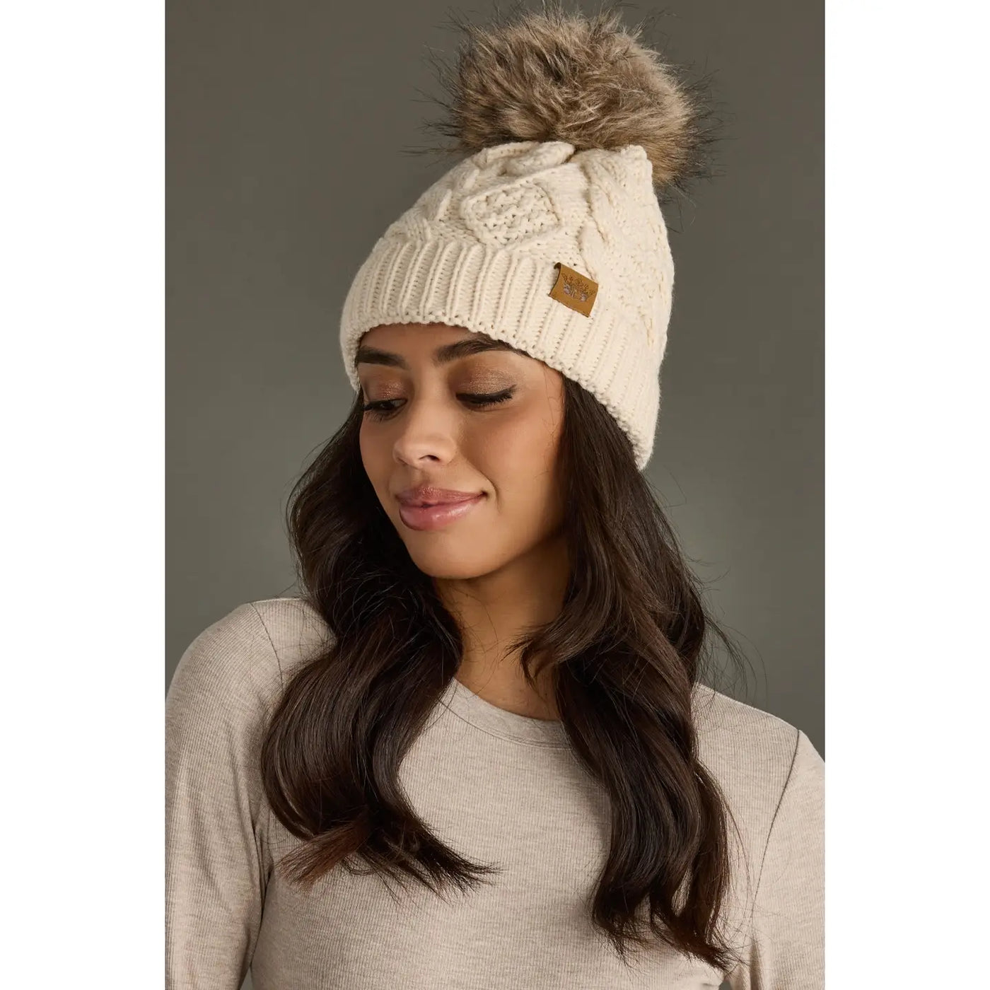 Beige Cable Knit Pom Hat