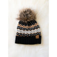Black, White, Mustard, Blue Patterned Pom Hat