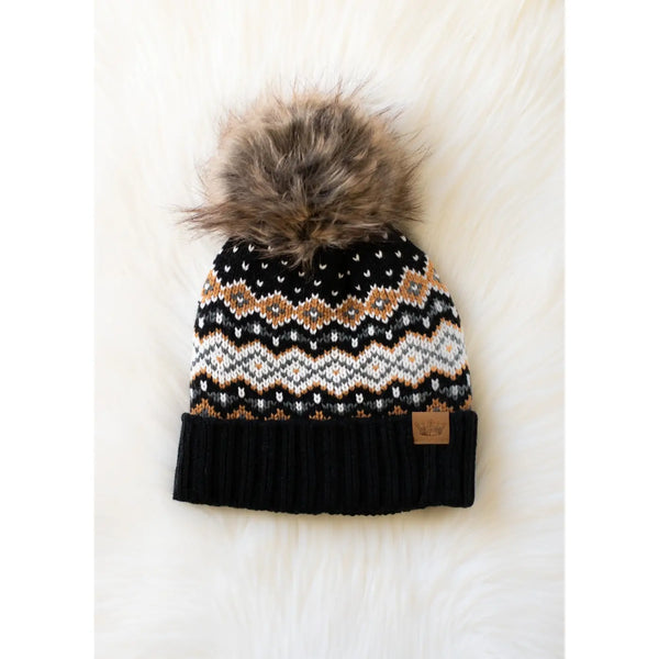 Black, White, Mustard, Blue Patterned Pom Hat