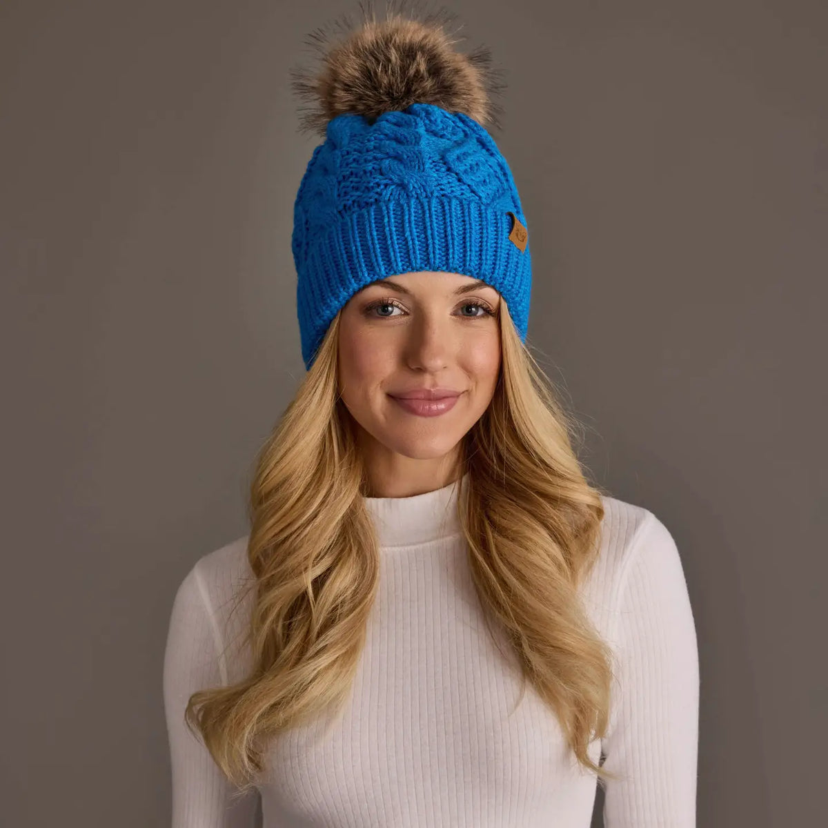 Blue Cable Knit Pom Hat
