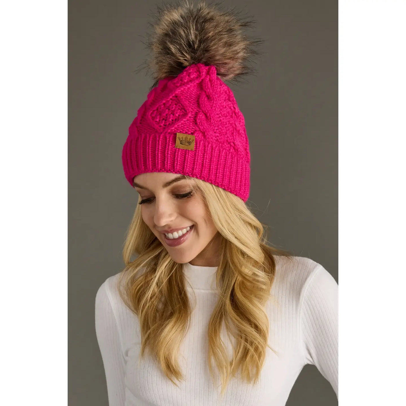 Bright Pink Cable Knit Pom Hat