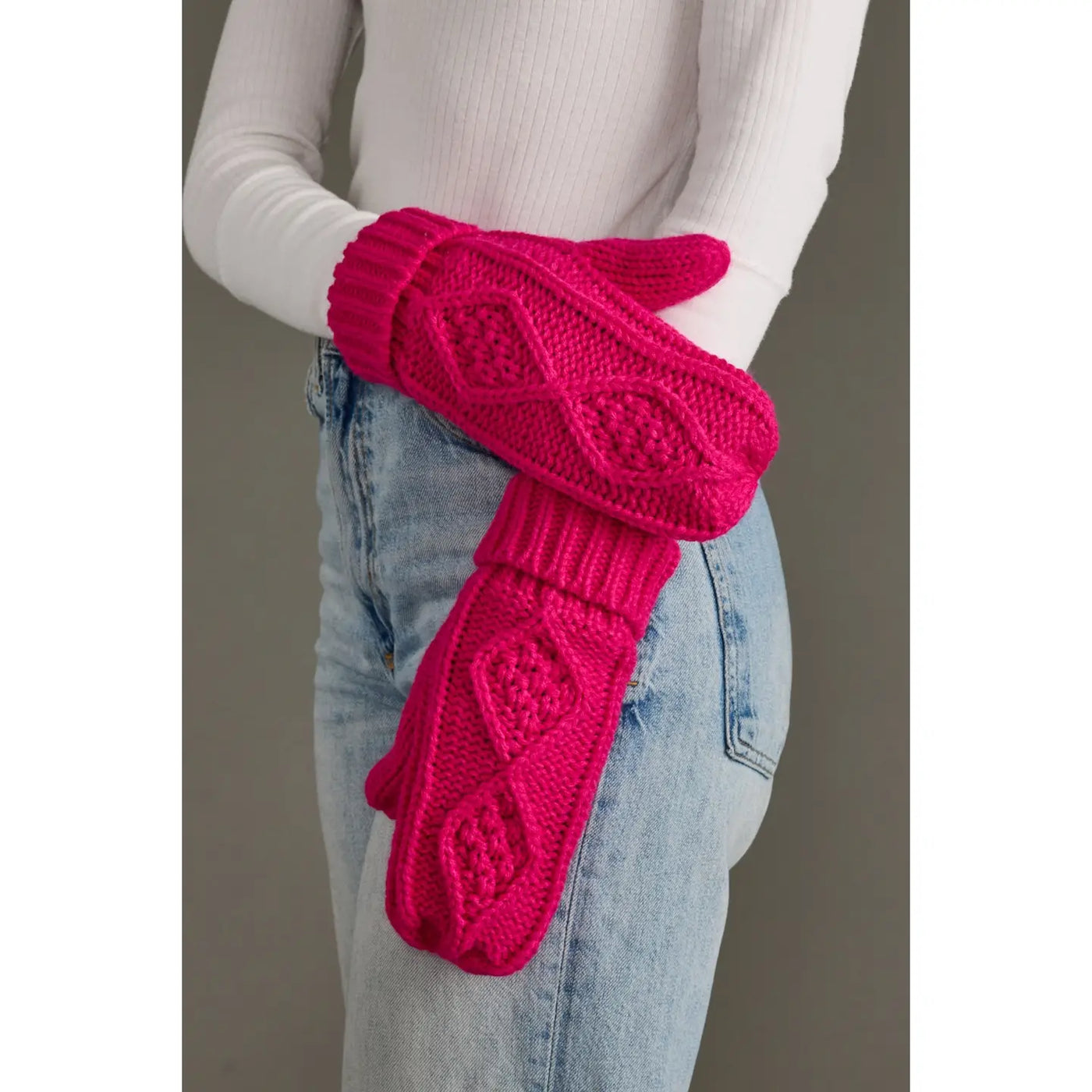 Bright Pink Cable Knit Mittens