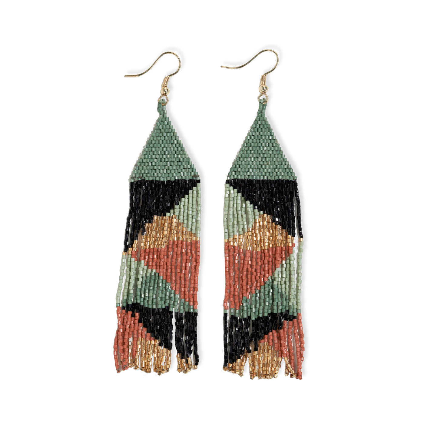 Ink & Alloy Brittany Mixed Triangles Beaded Fringe Earrings Greens + Rust