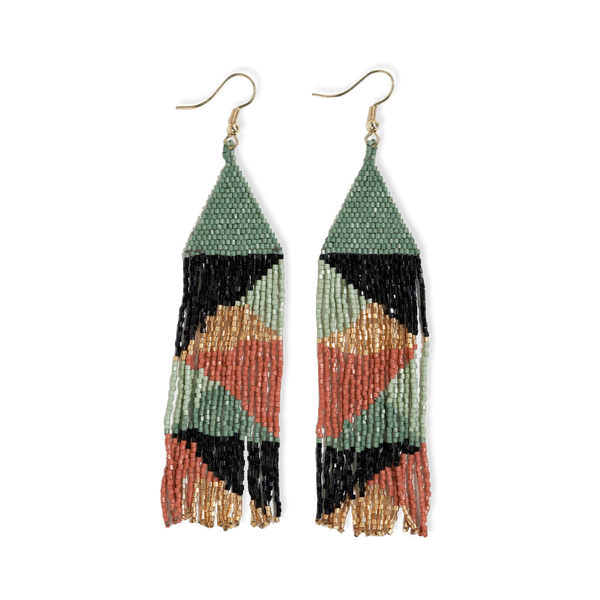 Ink & Alloy Brittany Mixed Triangles Beaded Fringe Earrings Greens + Rust