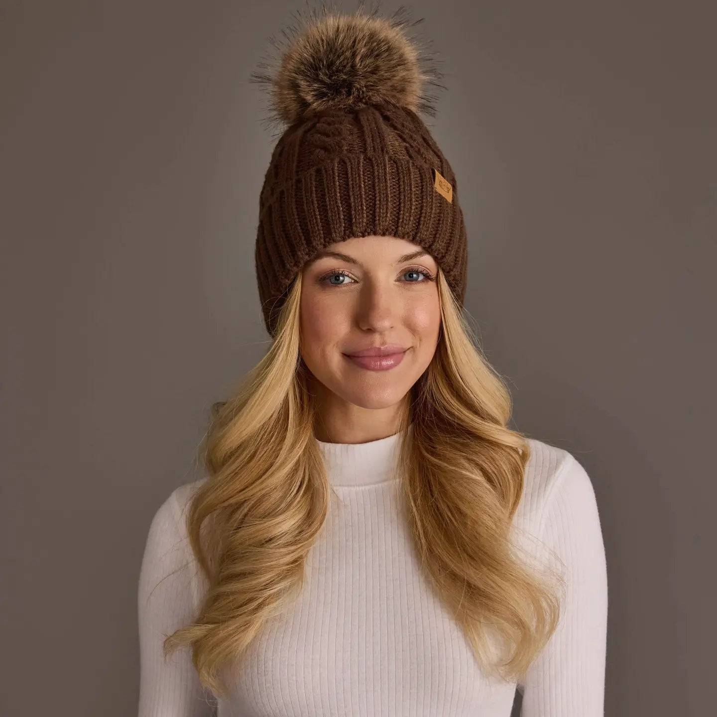 Brown Cable Knit Design Pom Hat