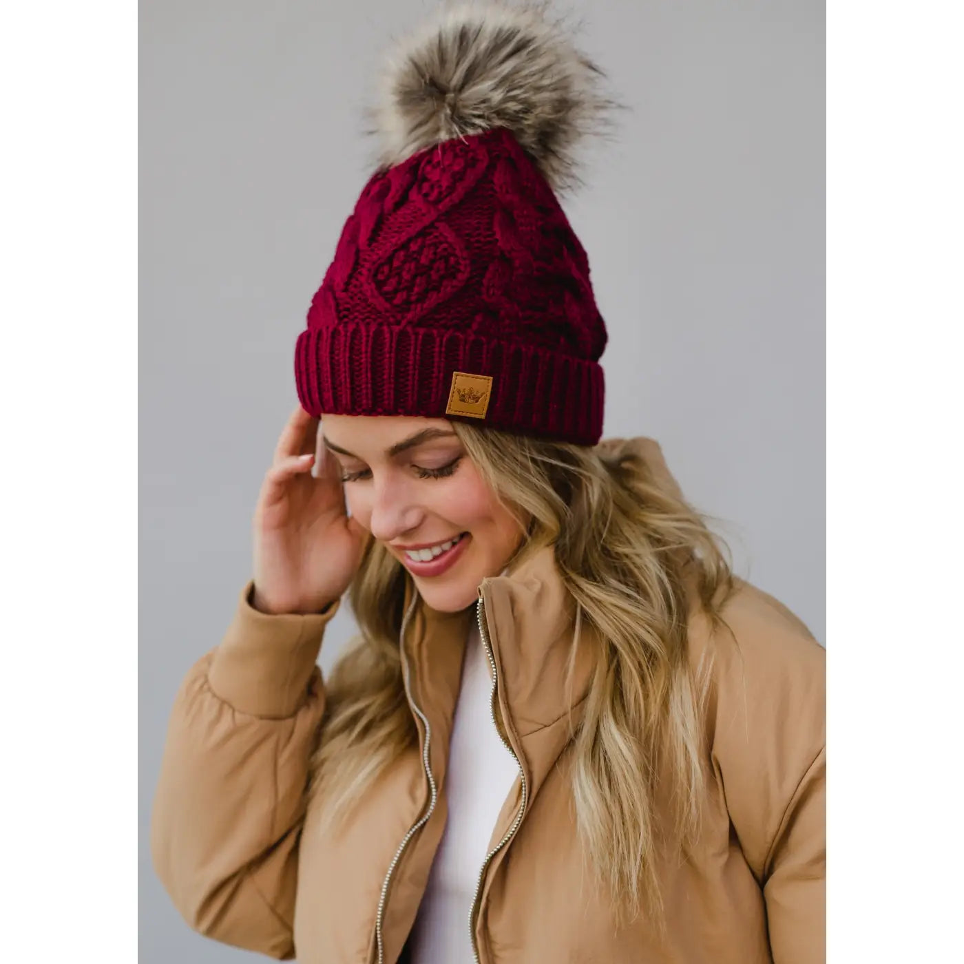 Burgundy Cable Knit Pom Hat