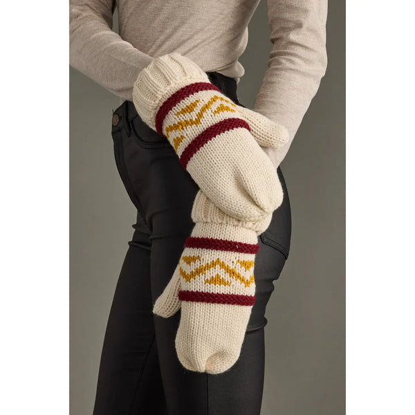 Cream, Burgundy, Gold Patterned Mittens