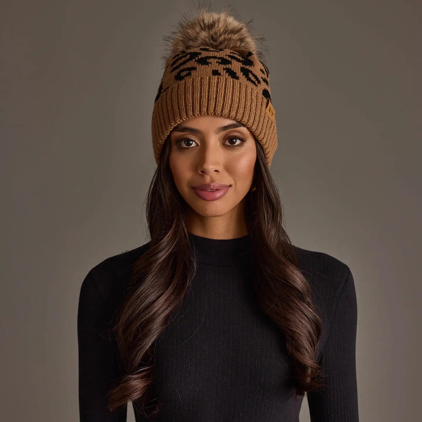 Camel Leopard Pattern Knit Pom Hat