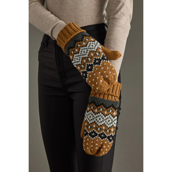 Camel, Black, White & Blue Patterned Mittens