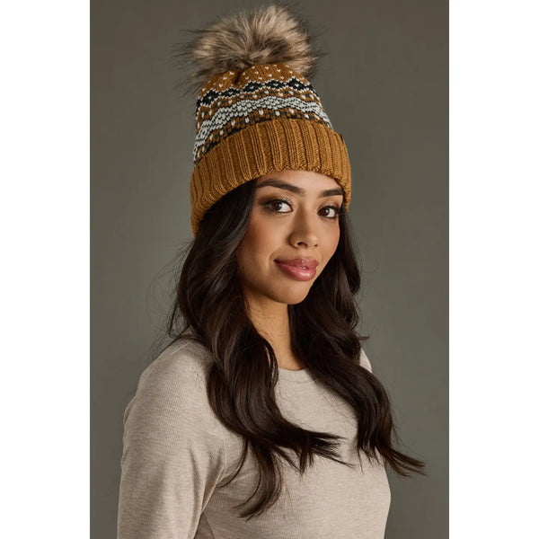 Camel, Black, White & Blue Patterned Pom Hat